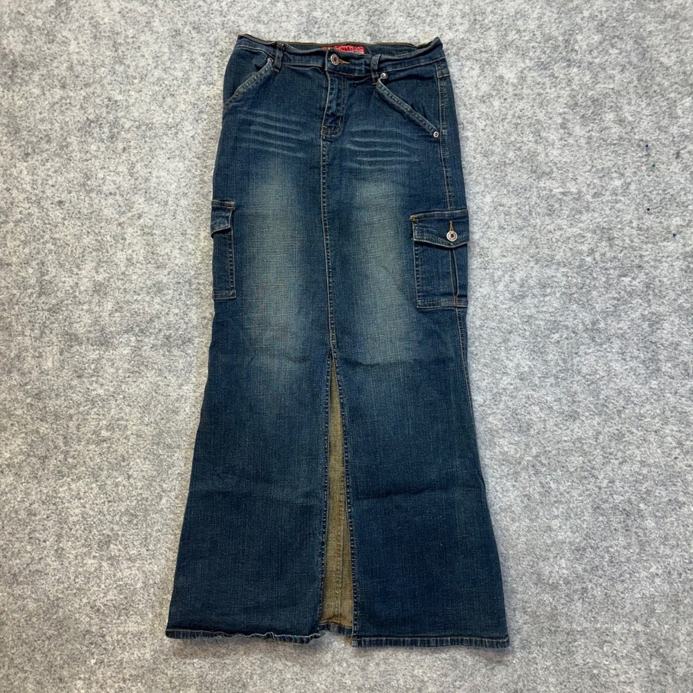 VTG Y2K Hot Kiss Denim Cargo Maxi Skirt Size‎ 3 Grunge Utility Slit